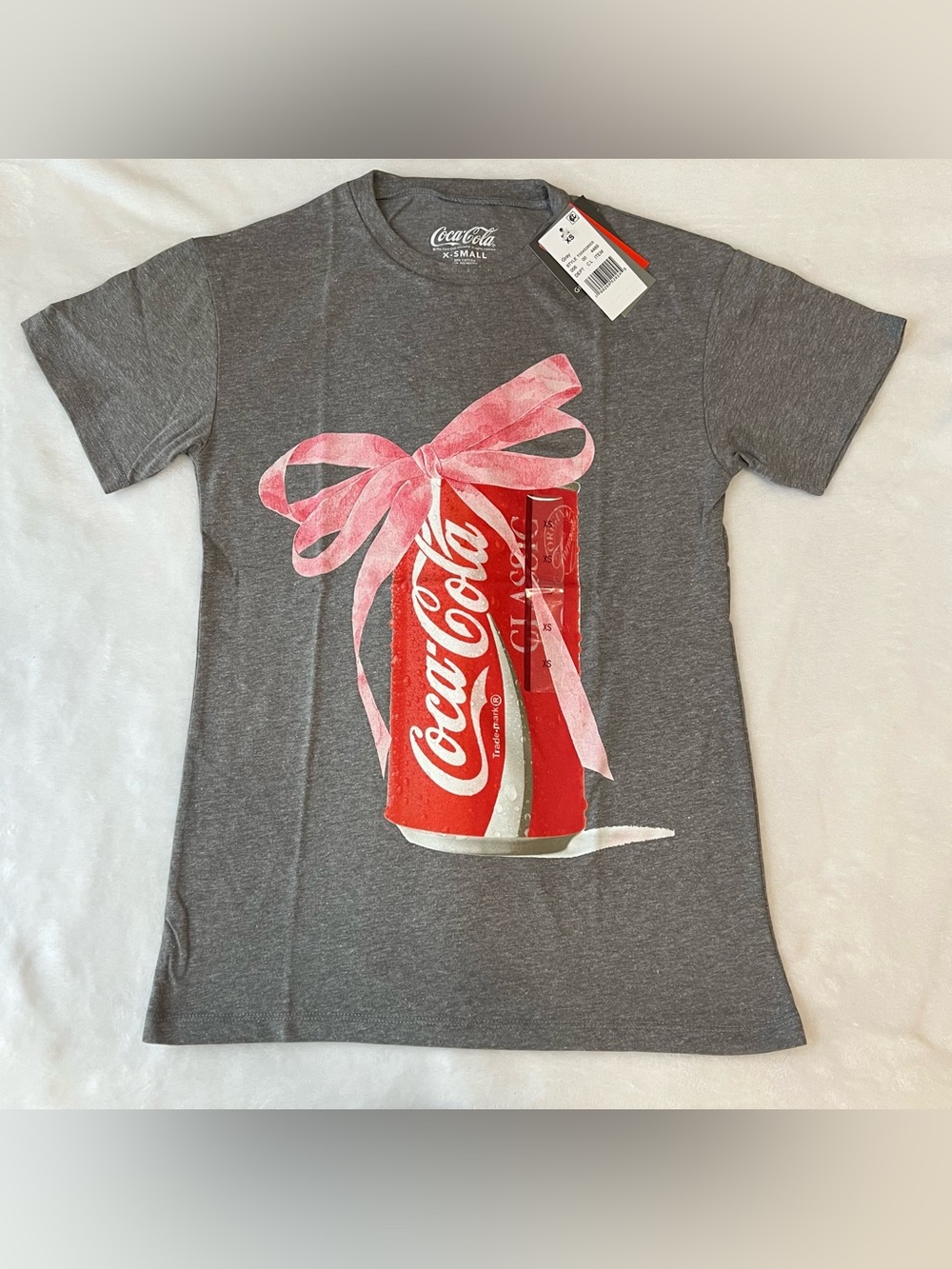 Coca-Cola Gray Tee with Red Can and Pink Bow Graphic Size XS